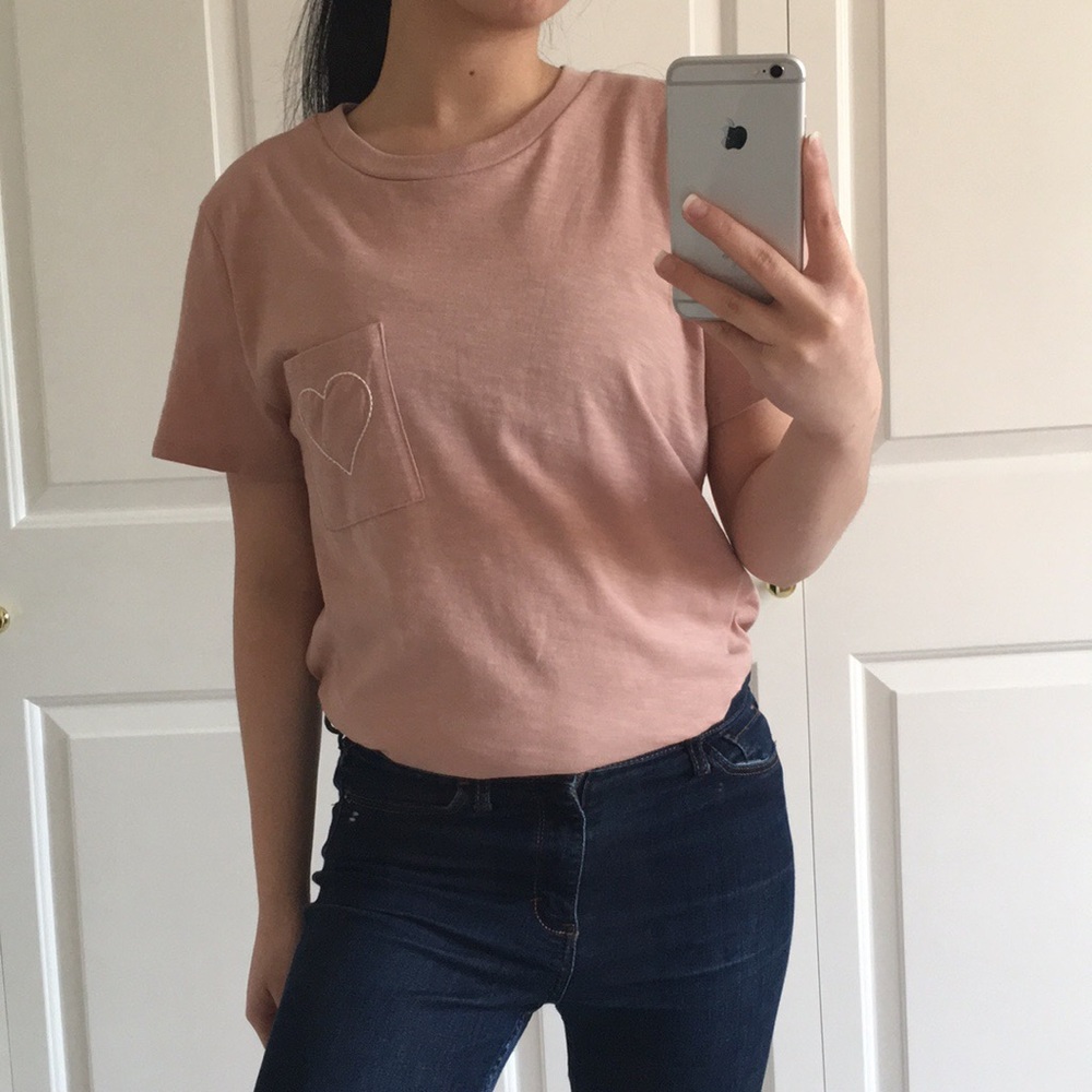 BELOVED - Dusty Pink Heart Embroidered With A Front Pocket Casual T-Shirt Tee - Picture 4 of 7
